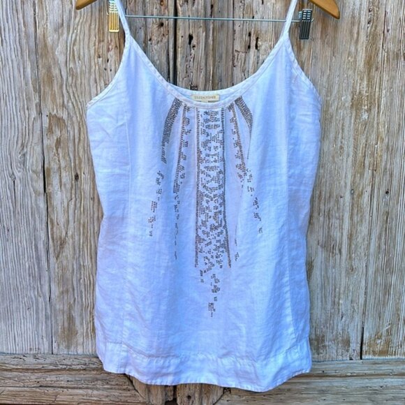 [New] Eileen Fisher (S) Ivory-White Organic Linen Sequined Cami Tank Top - Picture 1 of 8